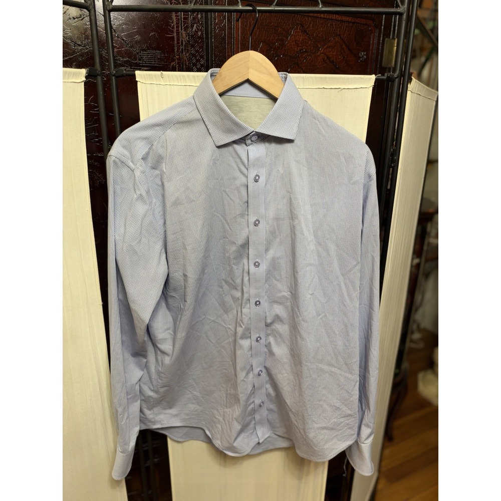 Twillory Men's Blue White Micro Check Performance Dress Shirt Estimated Large